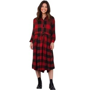 Maurices Red & Black Plaid Button-Down Midi Dress with Pockets - Size Women’s XS